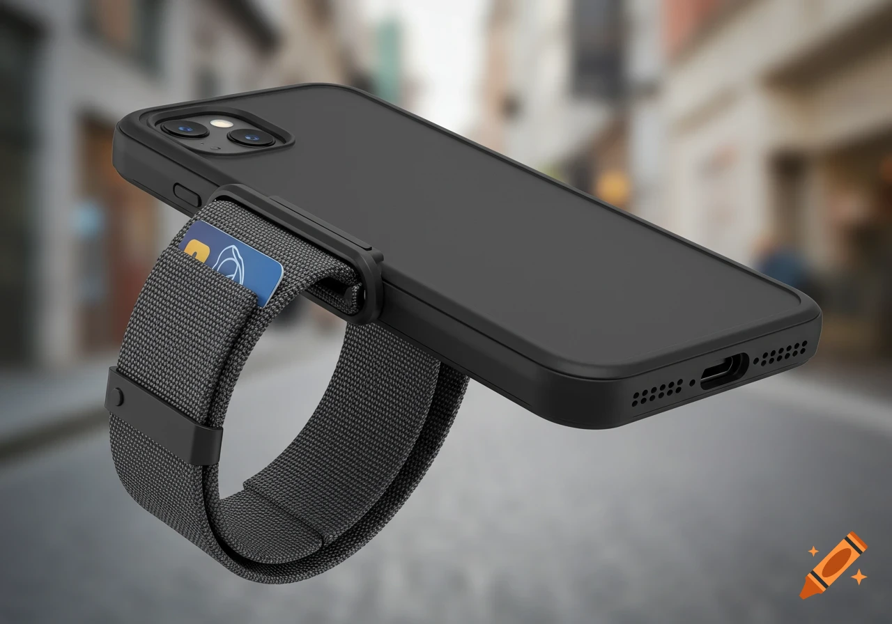 A black phone case with an attached grey woven wrist strap holding a bank card.