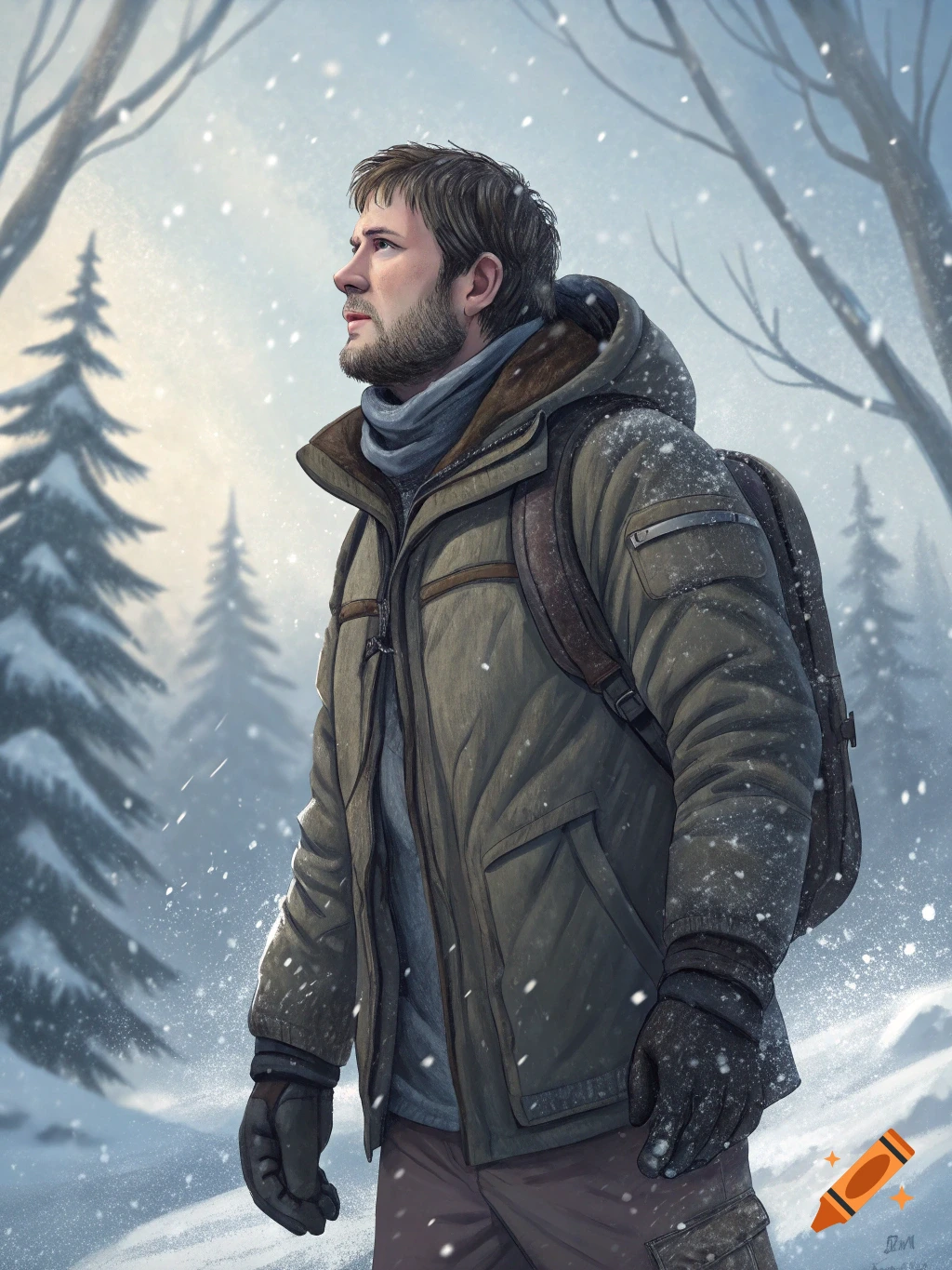A man wearing a winter coat and backpack looks up in a snowy forest.