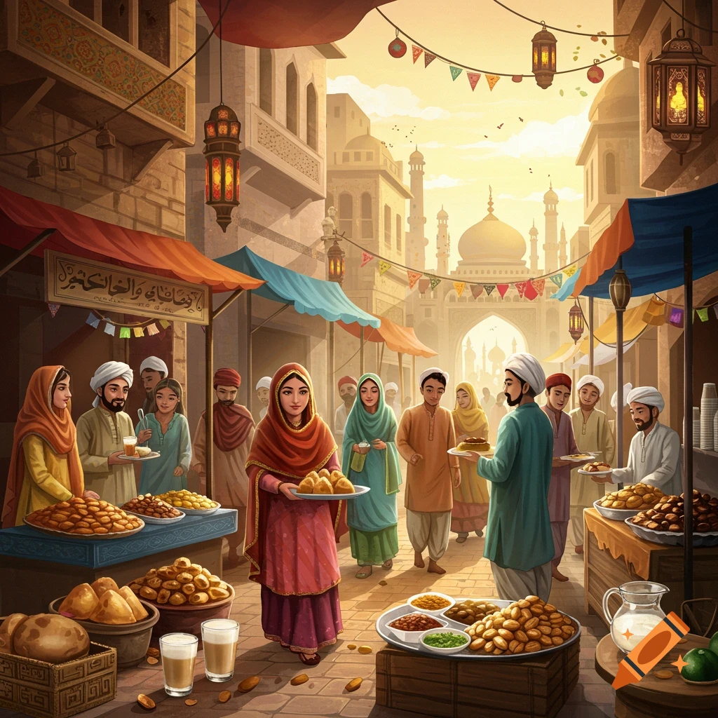 Lively marketplace scene with people buying food from stalls under awnings, traditional architecture and lanterns in the background.