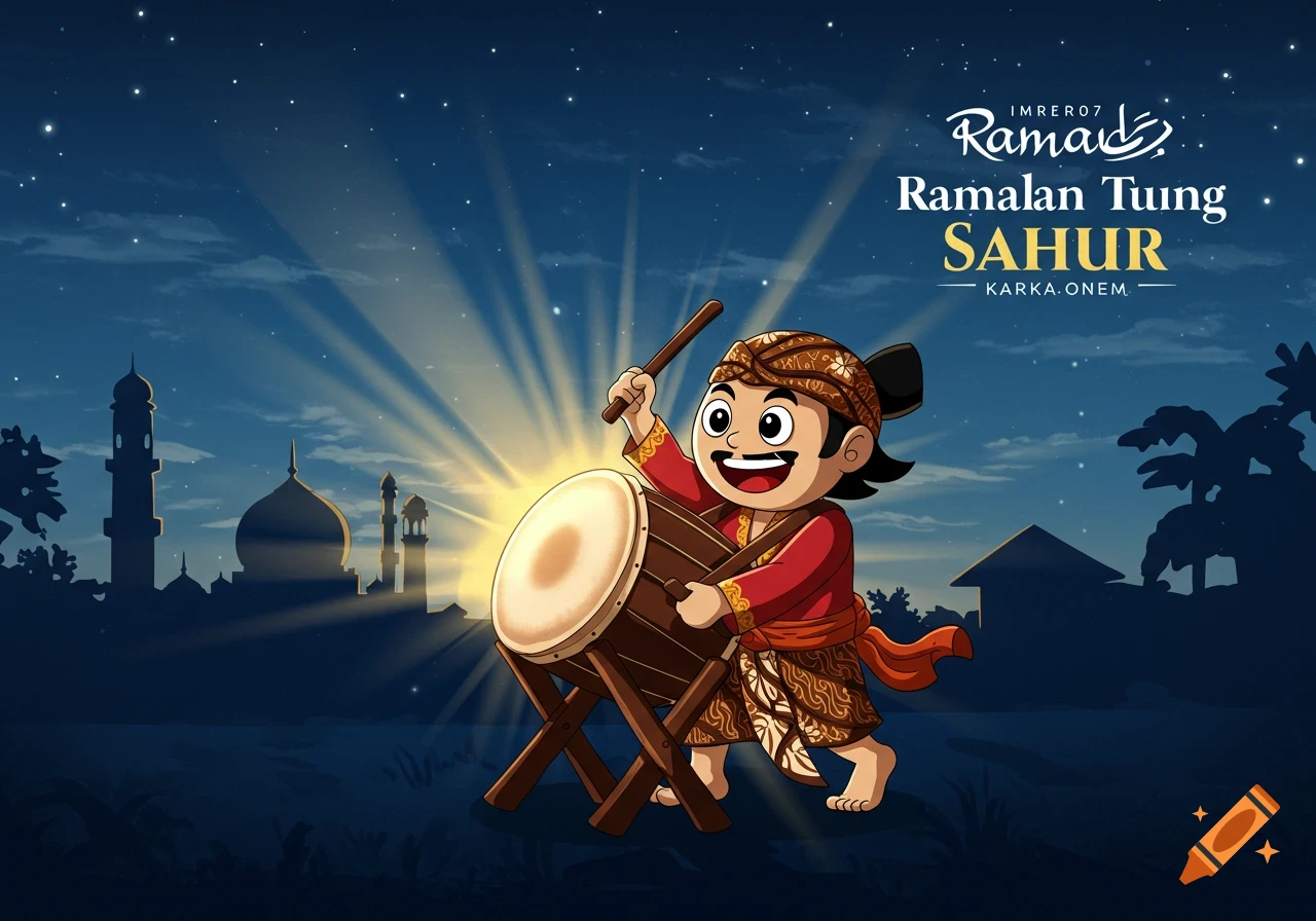 Cartoon illustration of a child in traditional clothing drumming to wake people for Sahur, with a mosque silhouette against a starry night sky.