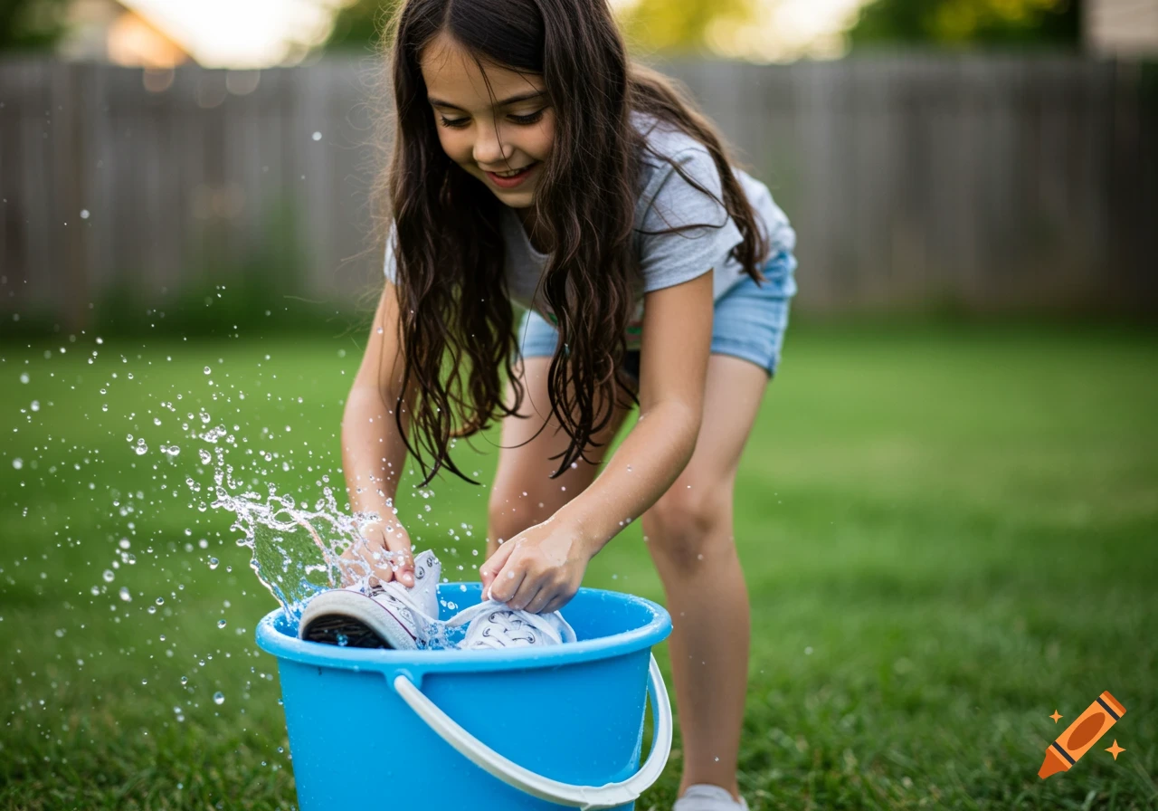A girl washes her sneakers in a blue bucket in the grass