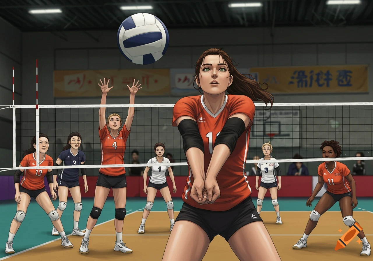 Illustrated scene of women playing volleyball on an indoor court.