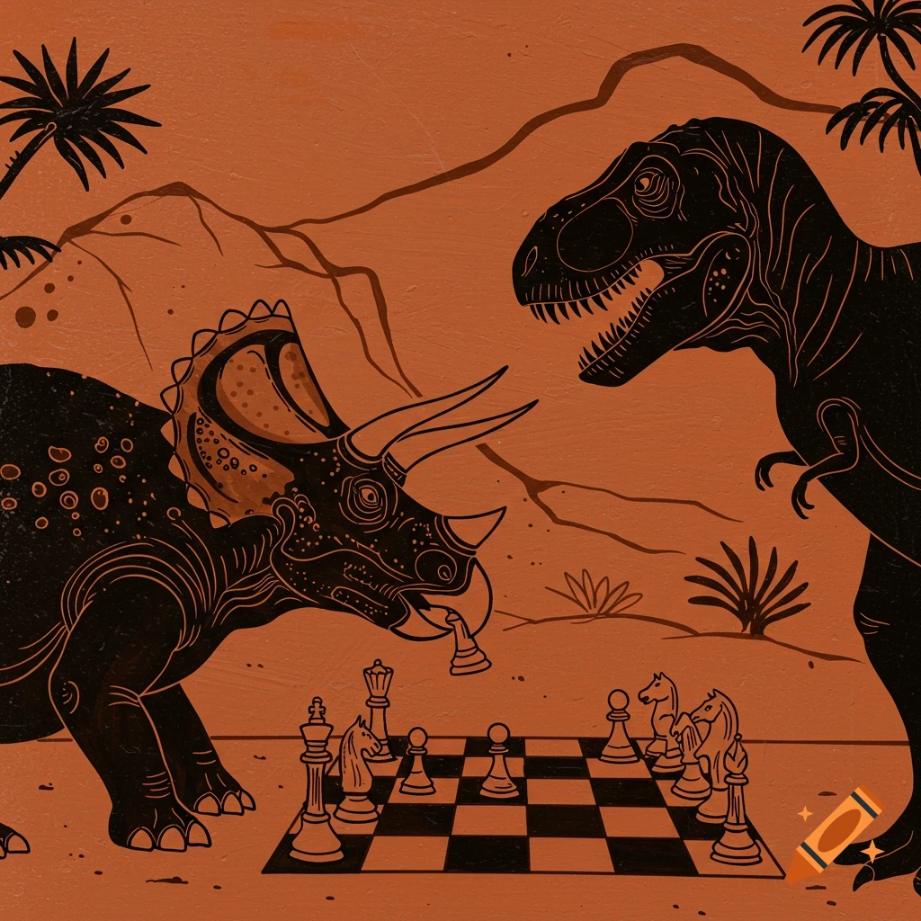A triceratops and a T-Rex play chess in a black figure Greek pottery style.