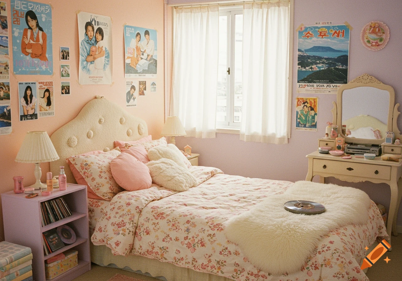 A vintage-style bedroom decorated in pastel pink and lavender with floral bedding, posters, a vanity table, and a fluffy rug.