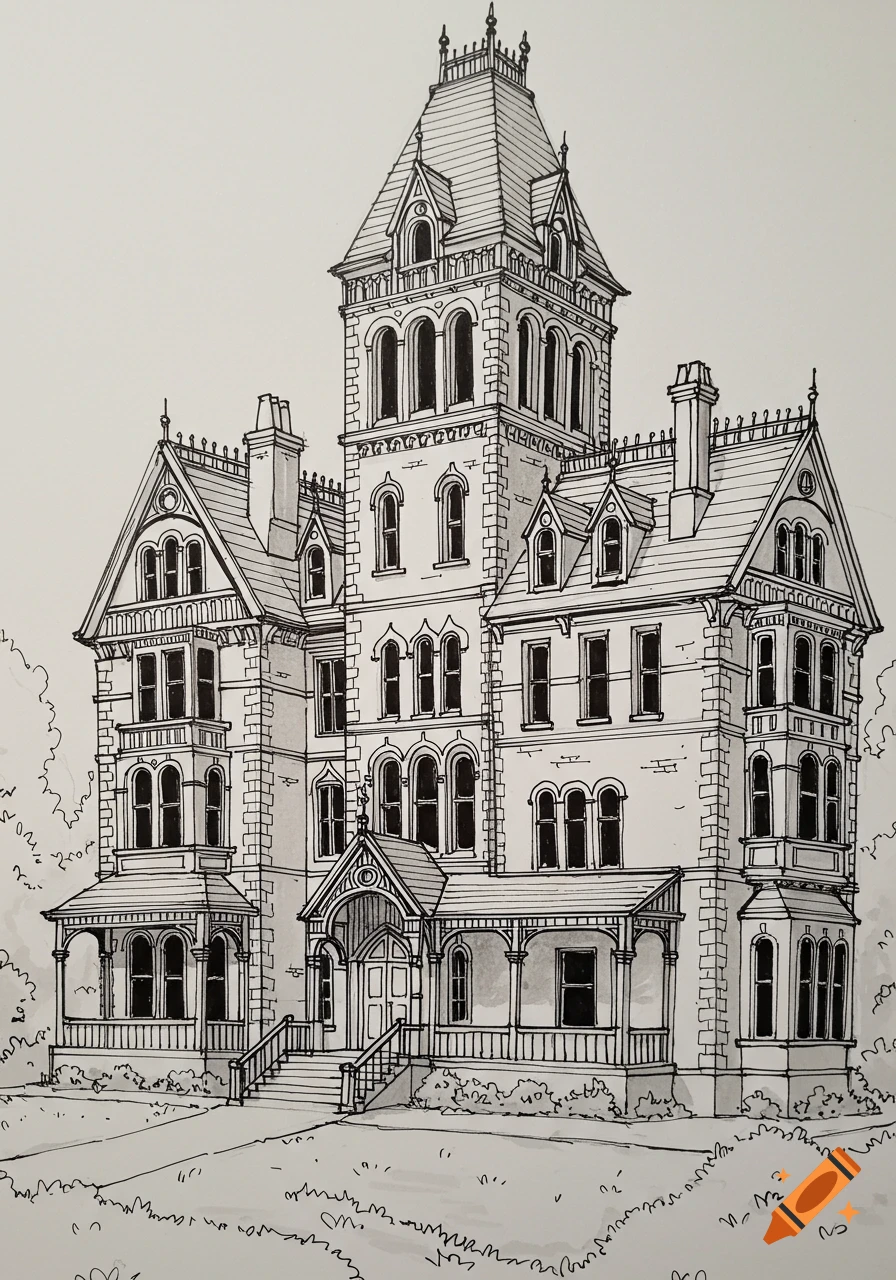 Line drawing of a detailed mansion with a large tower.