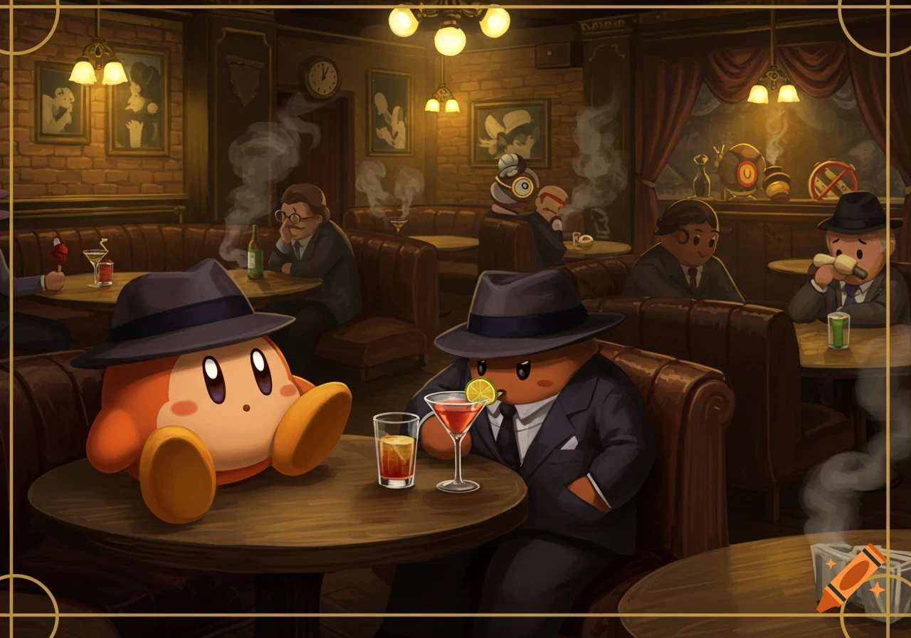 Kirby and a Waddle Dee in fedoras sit at tables in a bar with other patrons.
