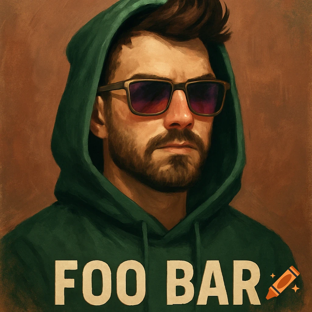 Painterly portrait of a bearded man in a green hoodie and sunglasses, with 'FOO BAR' text.