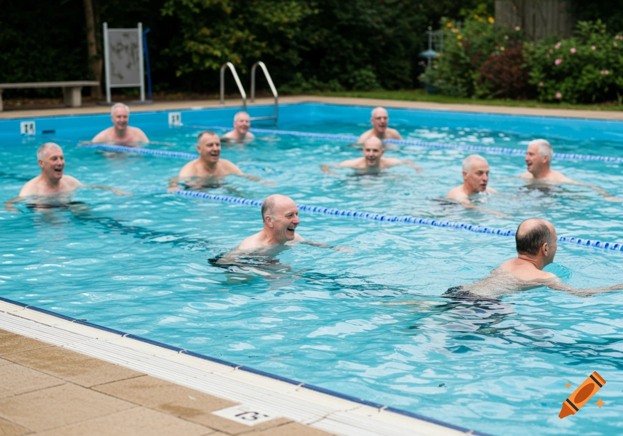 Older men swimming and smiling in an outdoor pool