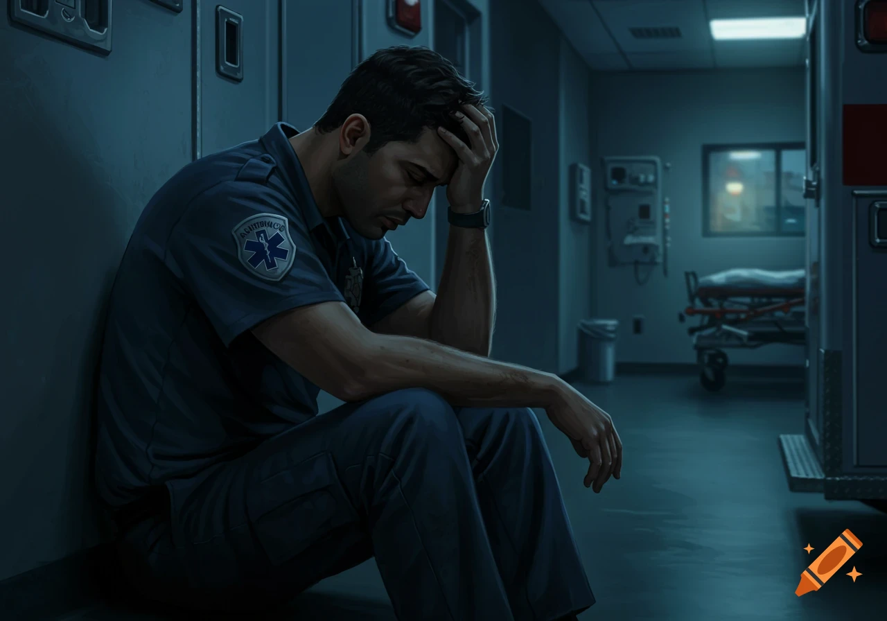 An EMS worker sits in a dark hospital hallway, holding his head in distress.
