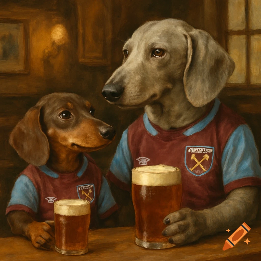 Painting of two dogs in West Ham football shirts drinking beer in a pub.