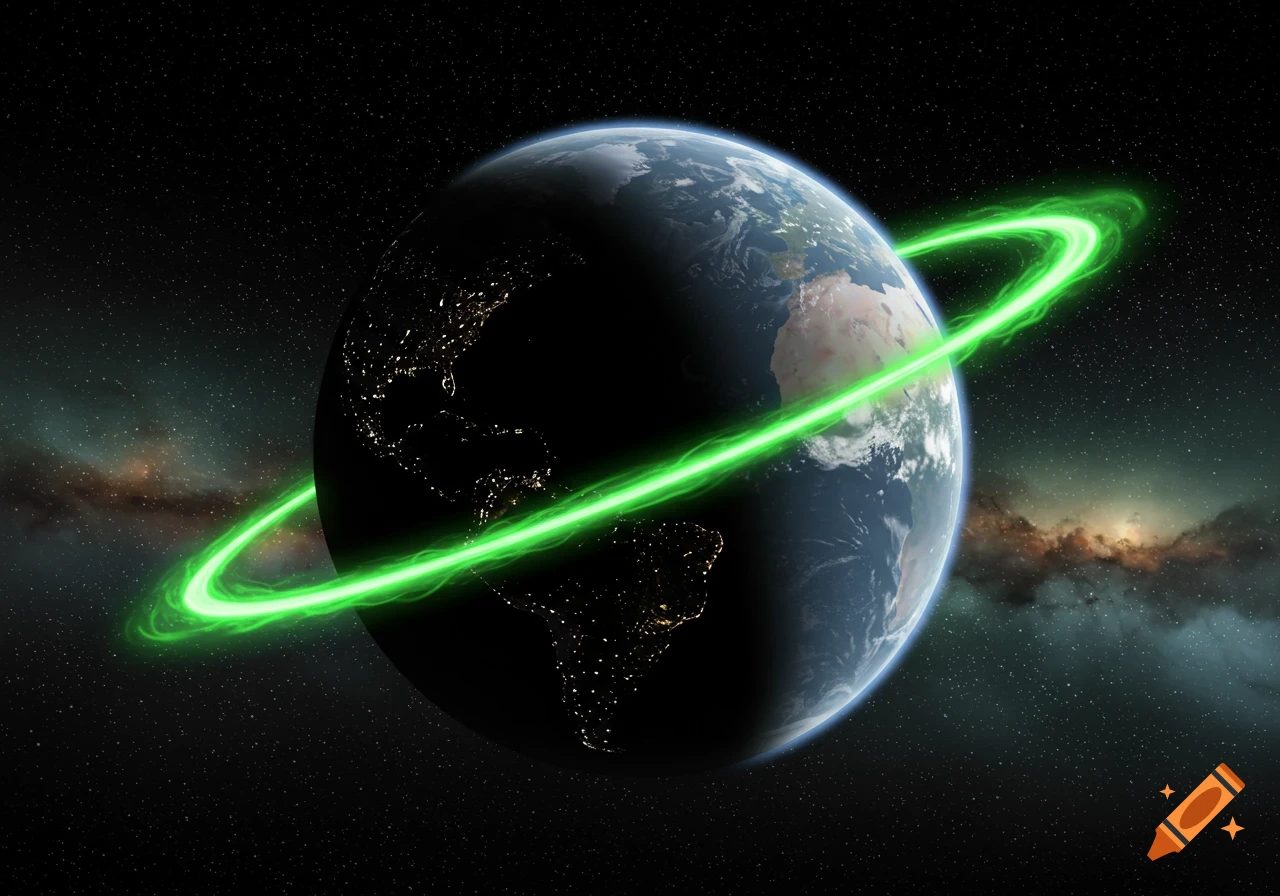 Earth seen from space with a glowing green ring and stars.