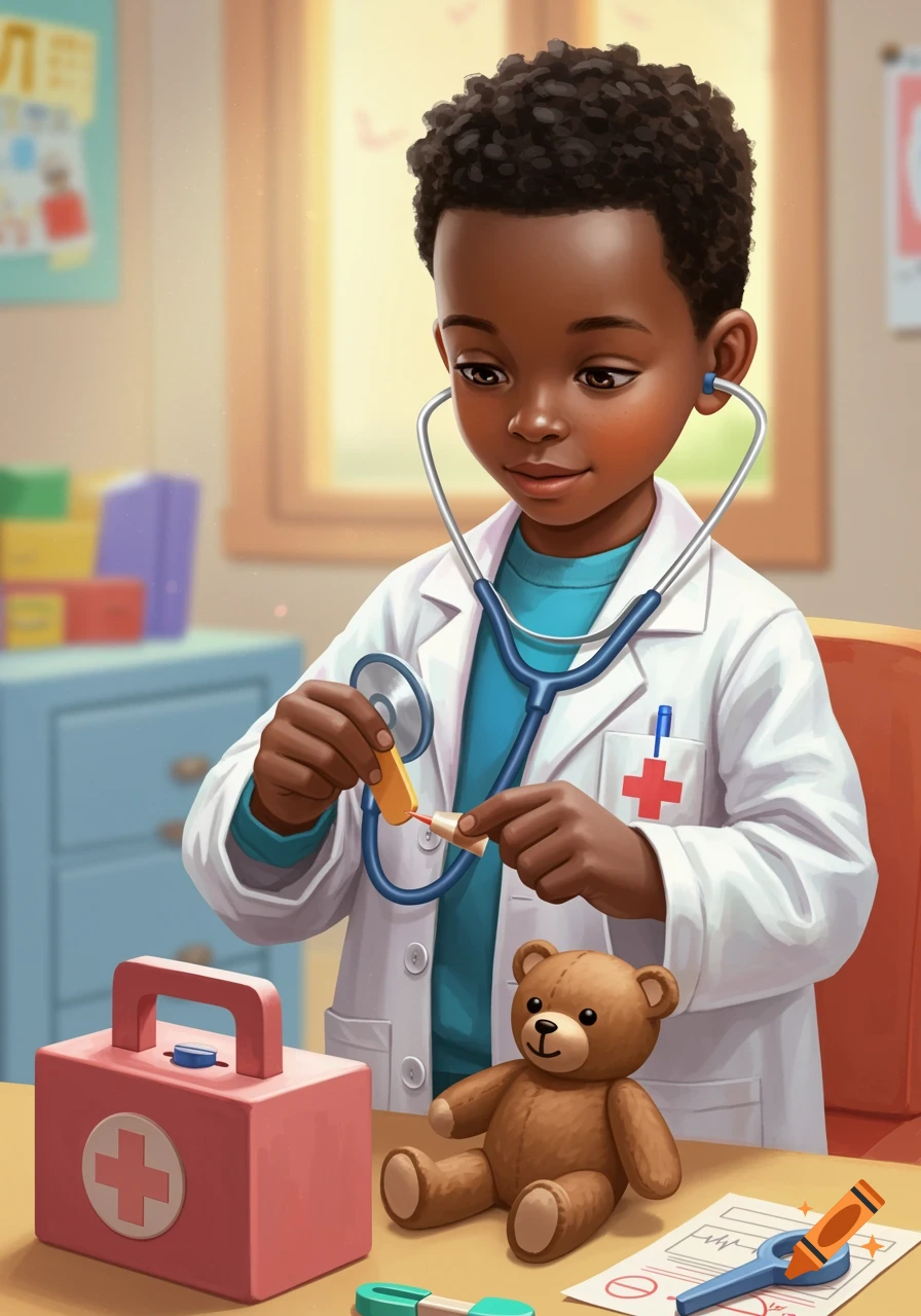 A young black boy in a lab coat plays doctor, using a stethoscope on a teddy bear.