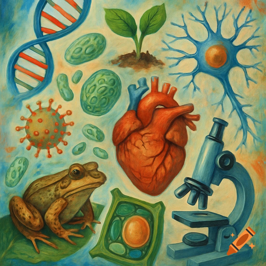 Illustration of biological elements including DNA, cells, virus, heart, plant, frog, and microscope.
