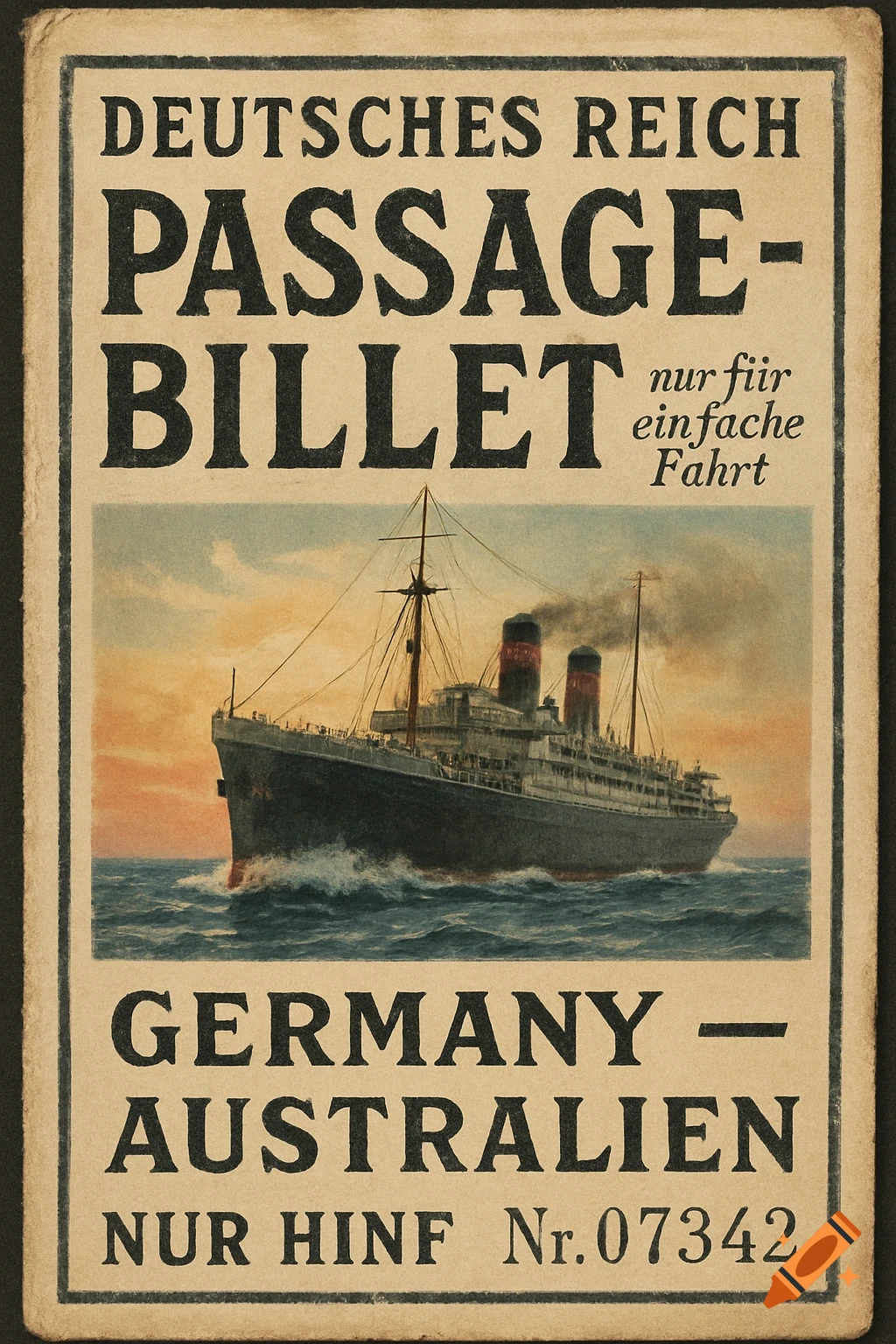 Vintage German boat ticket to Australia with a large passenger ship illustration.