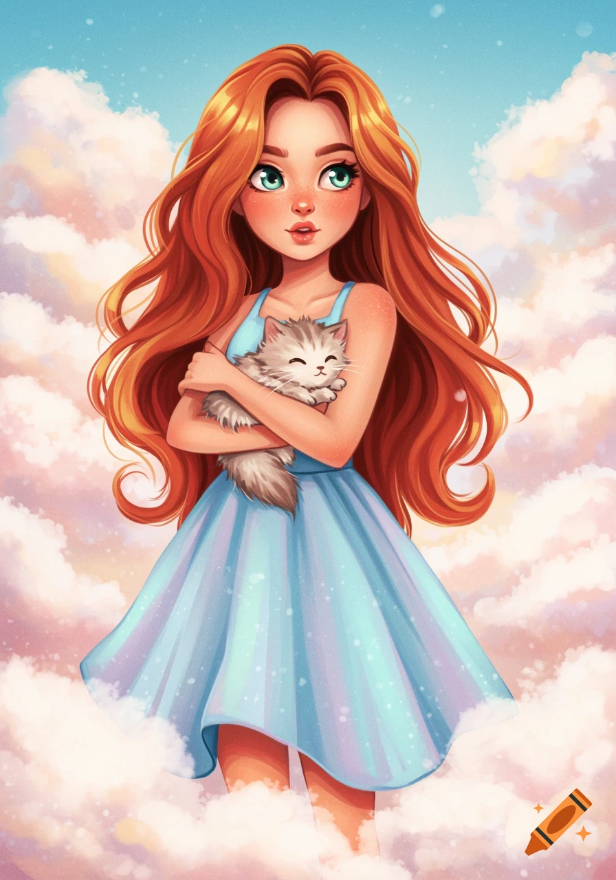 Stylized illustration of a girl with long red hair holding a cat in the clouds