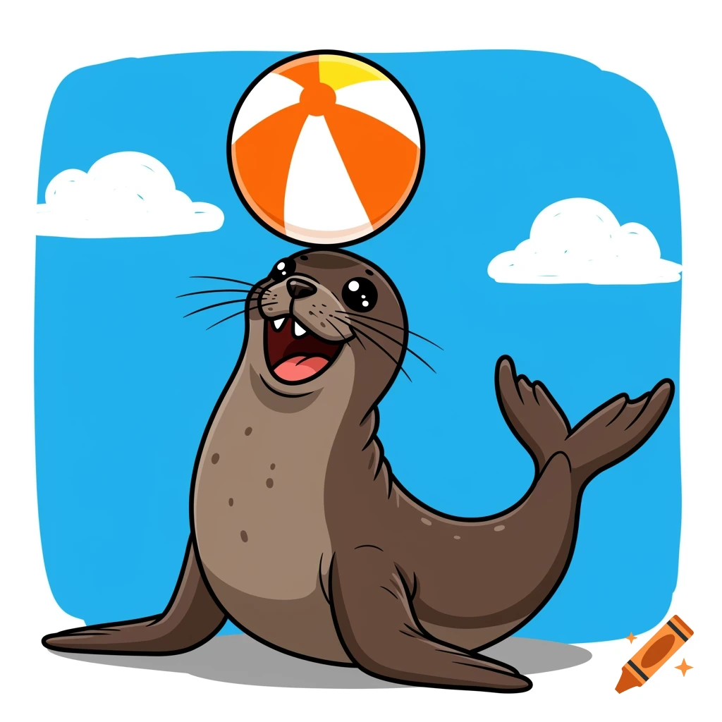 Cartoon seal balancing a beach ball on its nose and smiling