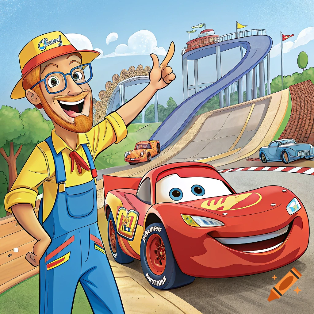 Cartoon illustration of a man resembling Blippi and Lightning McQueen at a race track.