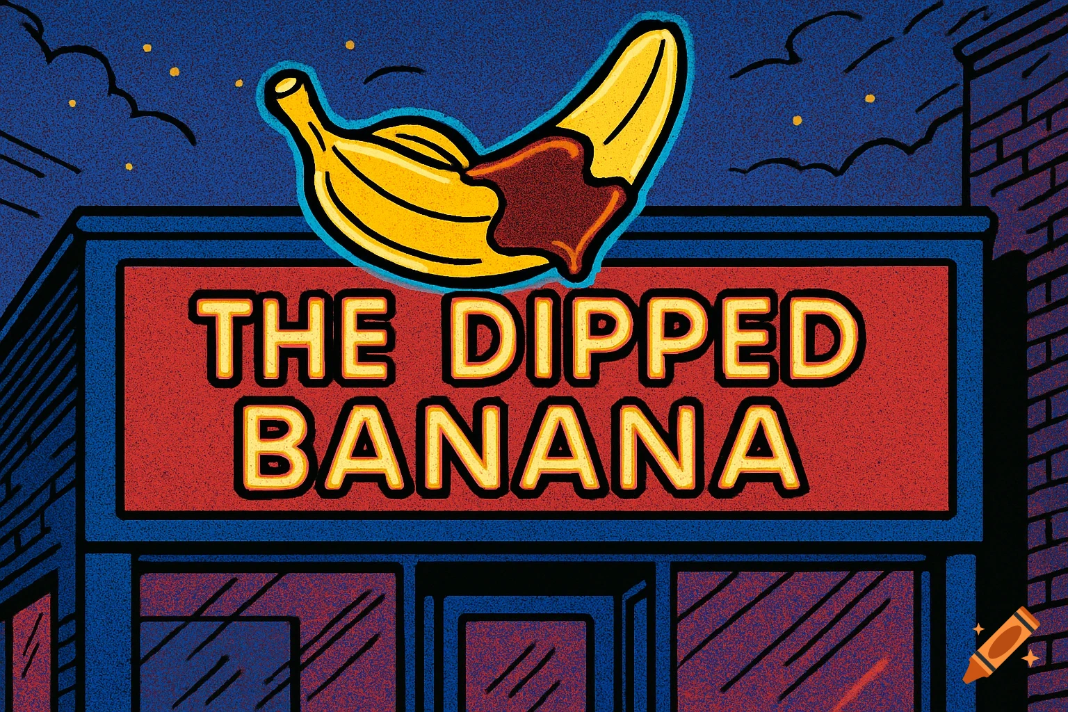 Comic book style illustration of a storefront sign for 'The Dipped Banana' with a large, outlined dipped banana on top at night.
