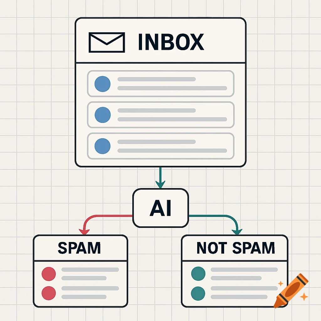 Illustration of a flowchart showing an inbox processed by AI into spam and not spam categories.