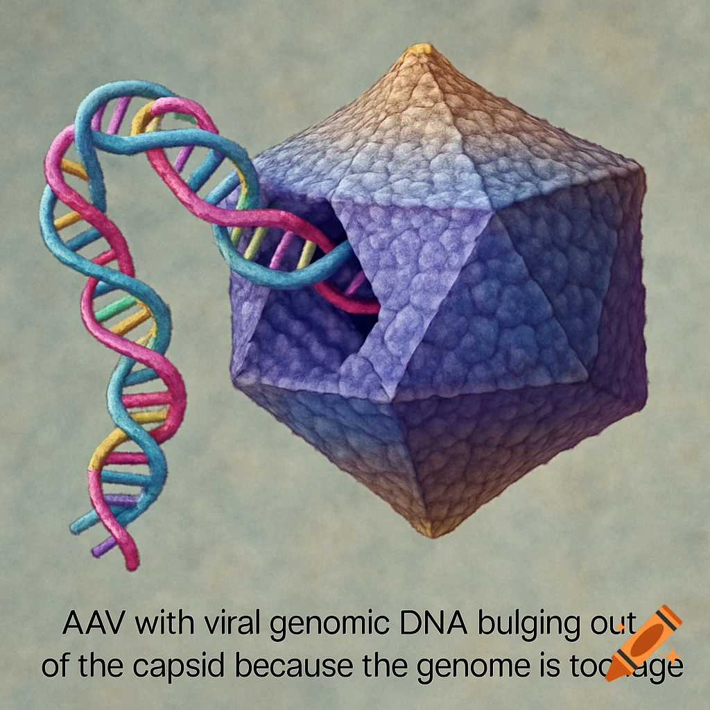 An illustration of a virus capsid with DNA bulging out.