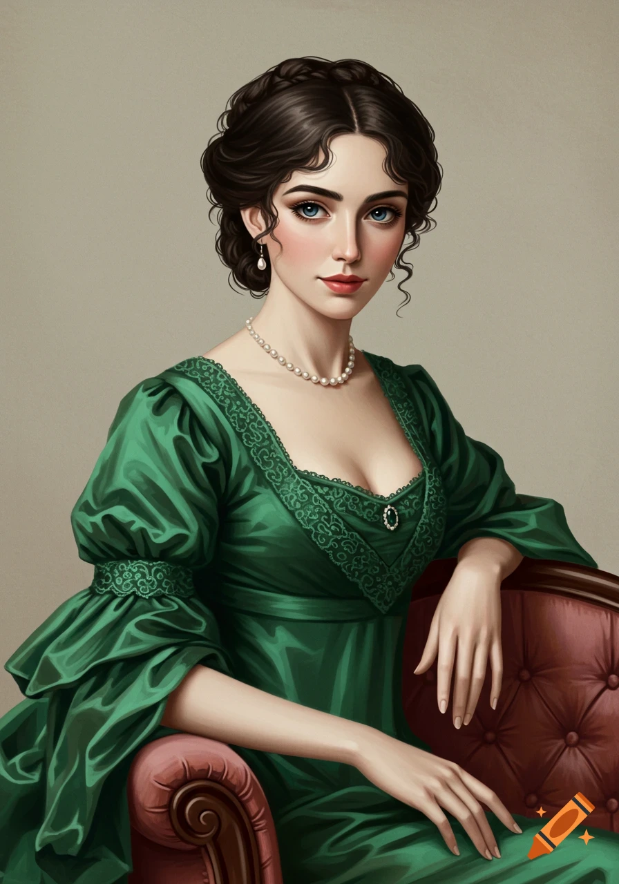 Portrait of an elegant woman in a green historical dress.