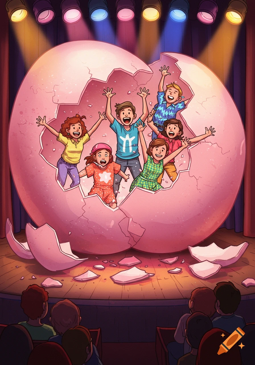 Cartoon of excited kids bursting out of a giant egg on a theatre stage in front of an audience.