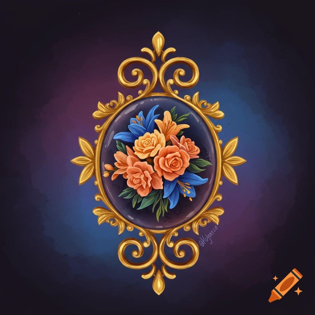 An illustration of an ornate gold frame containing orange and blue flowers.