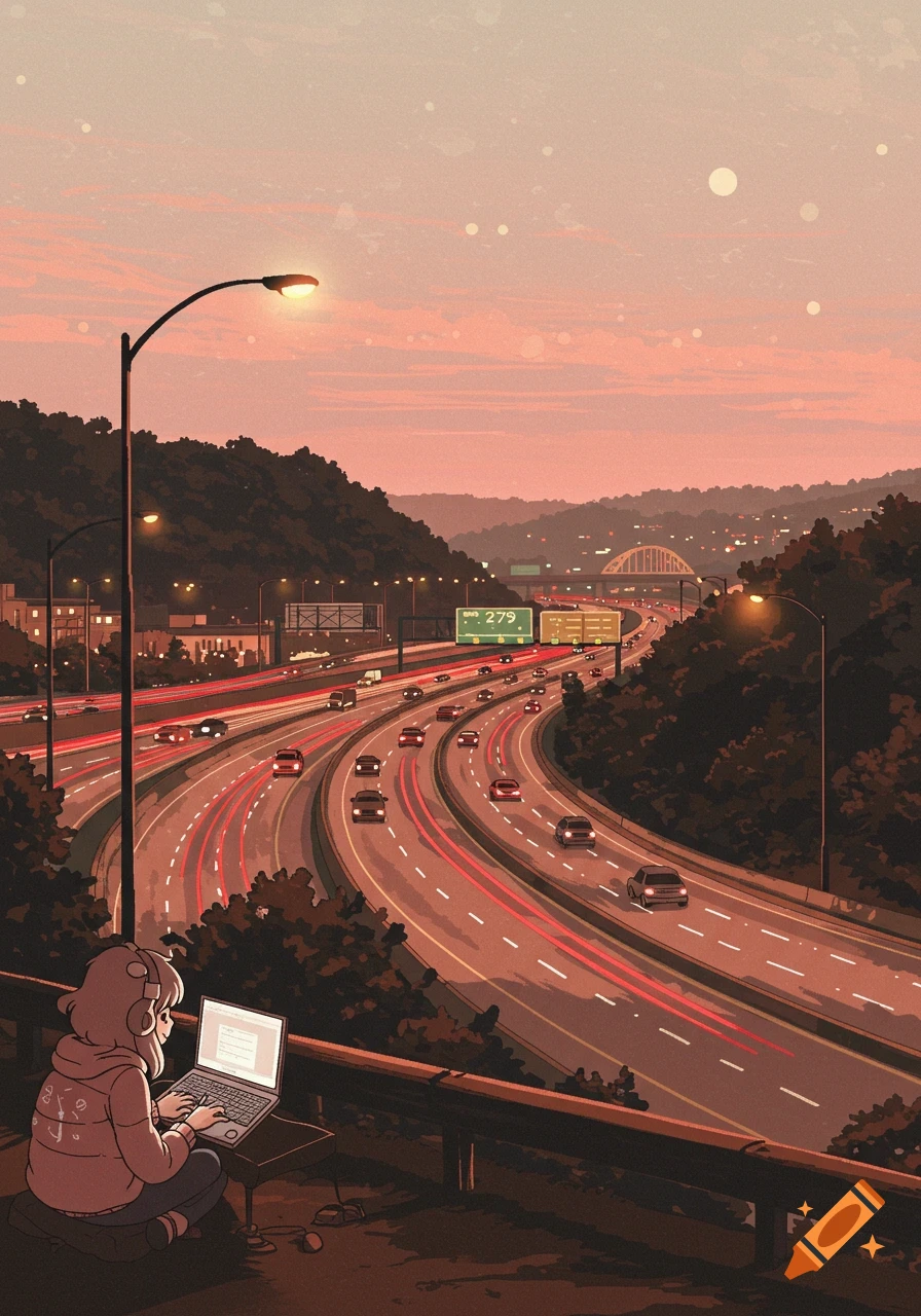 Lofi anime style illustration of a person with a laptop overlooking a busy highway at dusk.