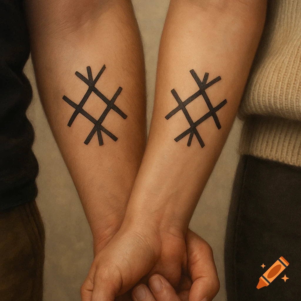 Close up photo of two forearms with matching abstract tattoos holding hands.