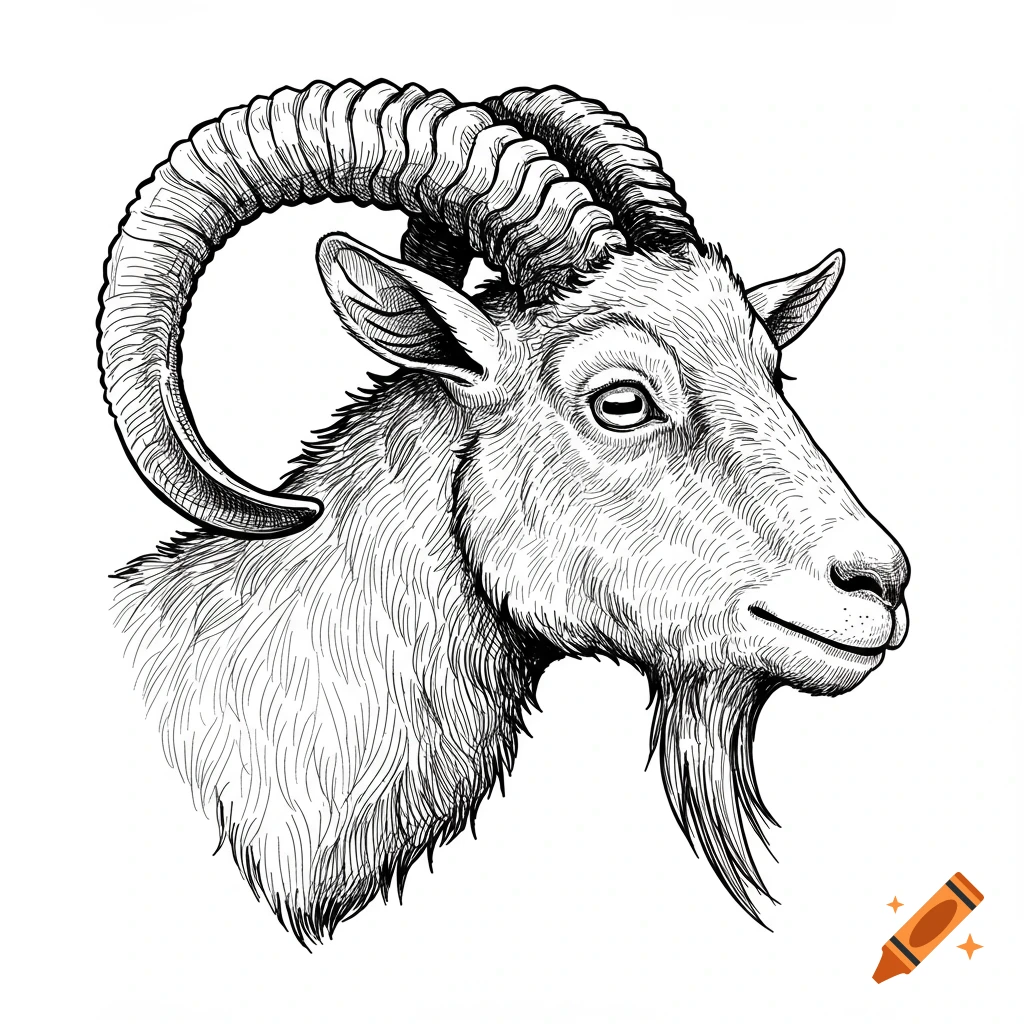 A black and white hand-drawn illustration of a goat head in medieval art style.