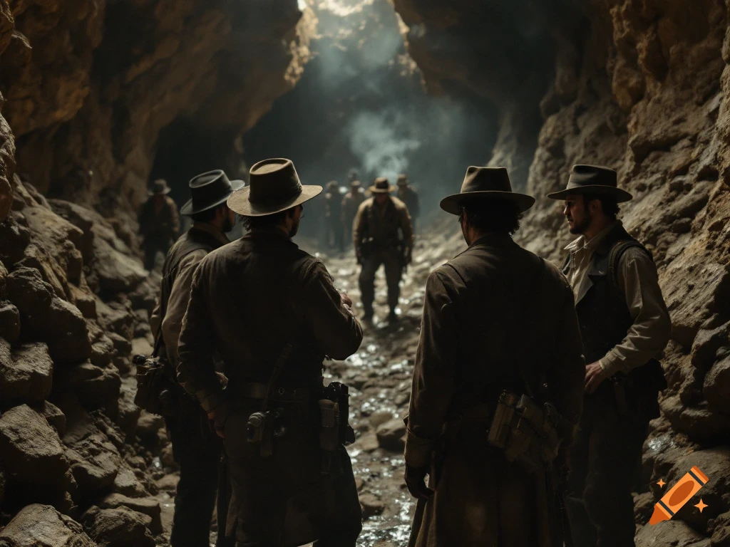 Men in hats stand in a rocky mine tunnel, looking into the light.