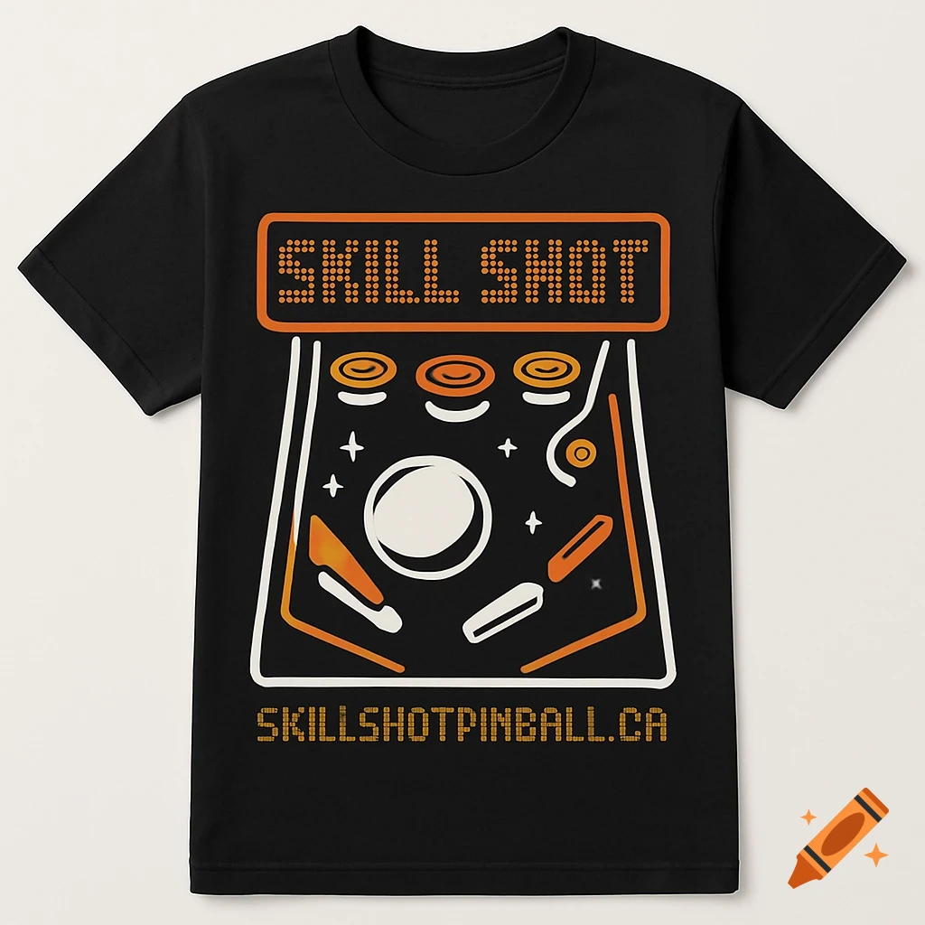 Black t-shirt with orange and white graphic of a stylized pinball machine and 'Skill Shot' text.