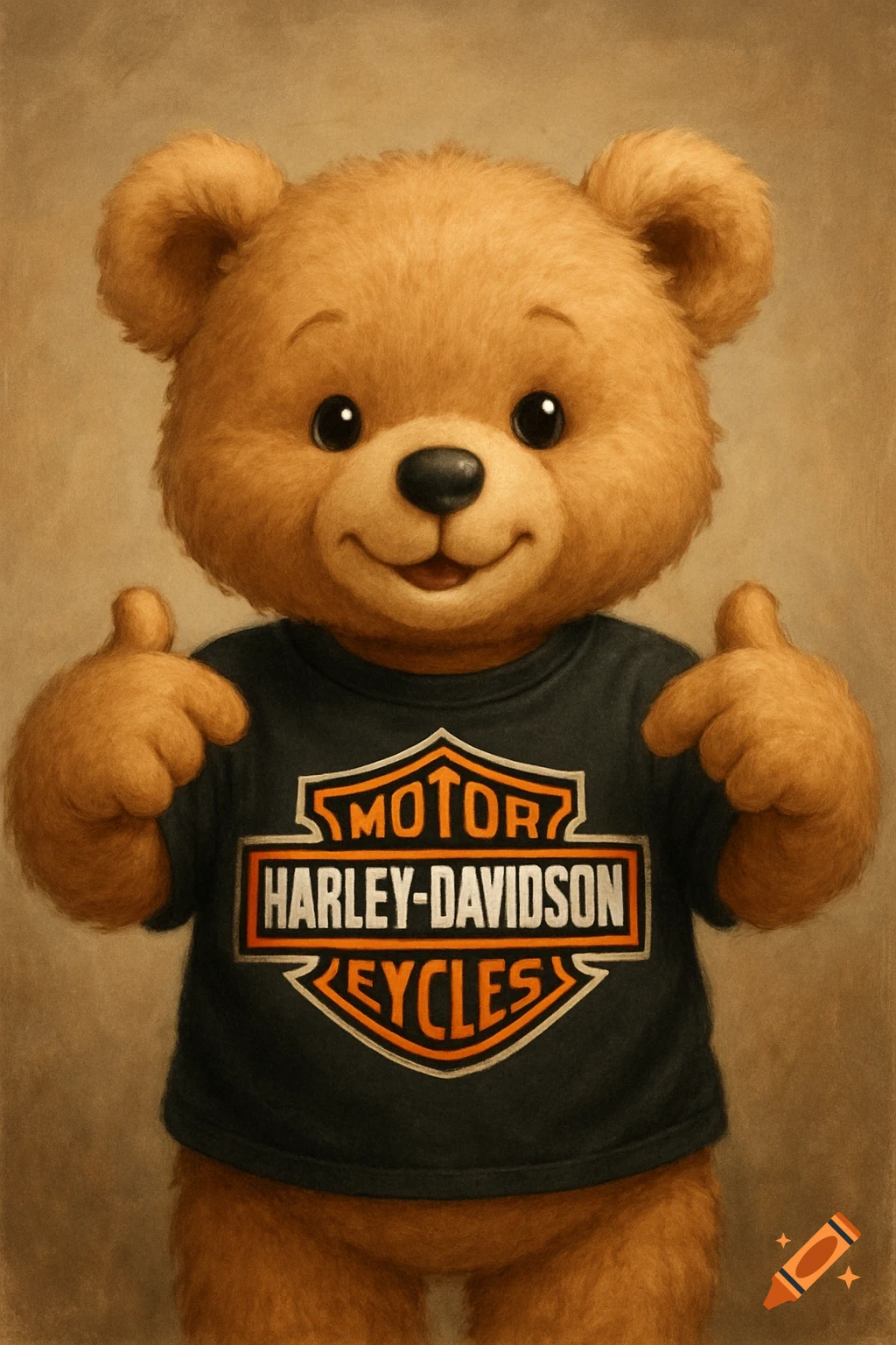 A cute teddy bear wearing a Harley-Davidson t-shirt gives two thumbs up.