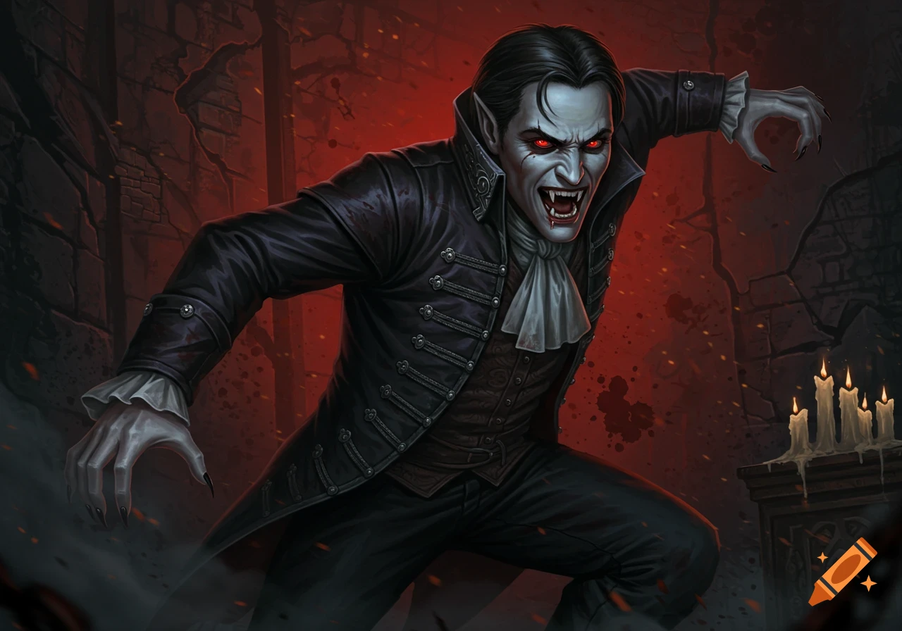 A snarling vampire with red eyes and fangs lunges forward in a dark, red-lit setting.