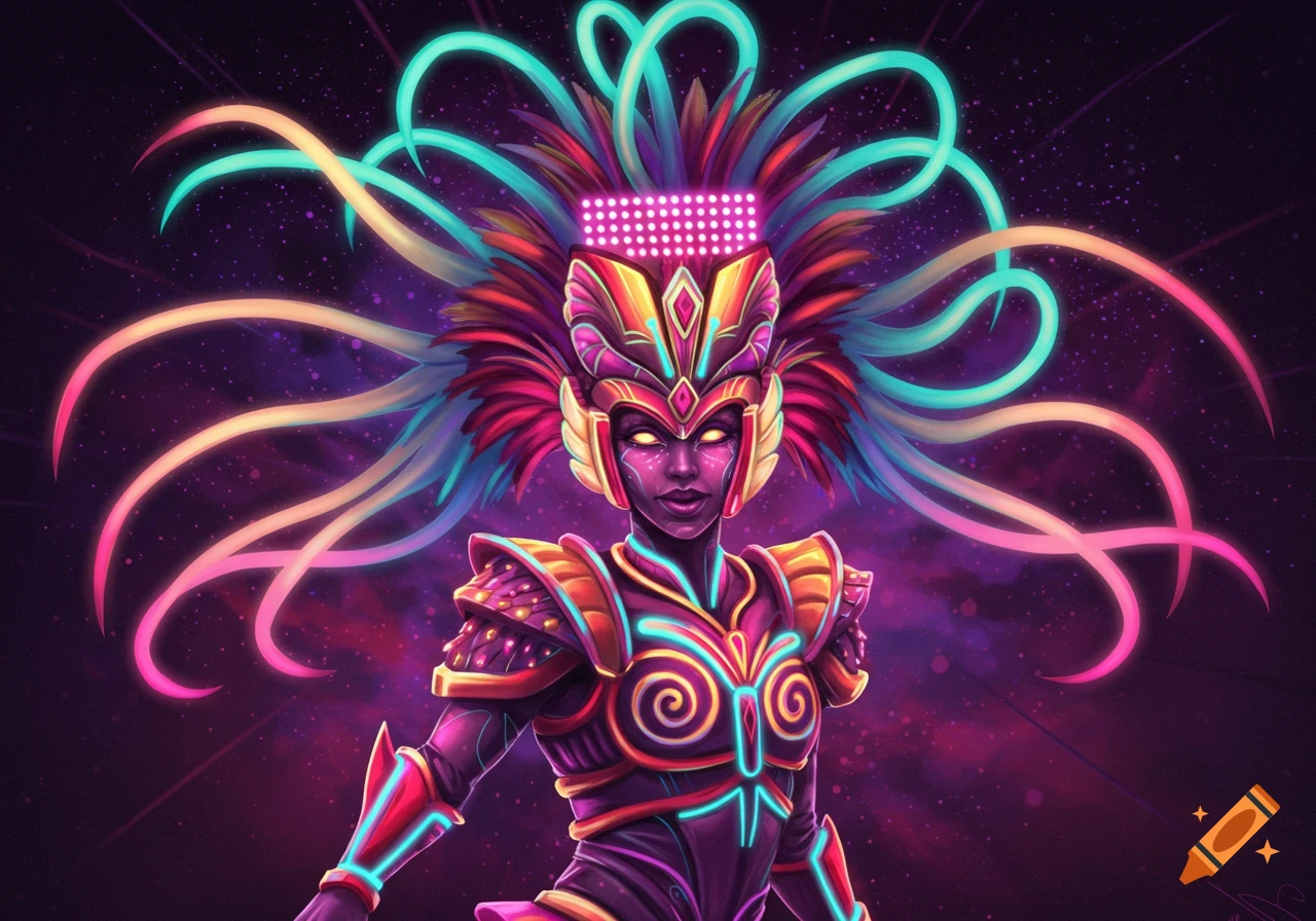 Illustration of a figure in a vibrant, futuristic carnival or rave costume with neon lights and a large headdress against a cosmic background.