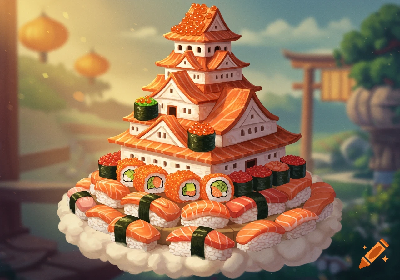 Illustrative rendering of a Japanese castle made entirely of sushi, sitting on a cloud, with a landscape background.