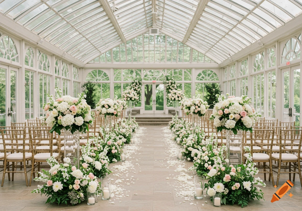 Wedding ceremony setup with chairs, aisle flowers, and candles in a conservatory with a glass roof.