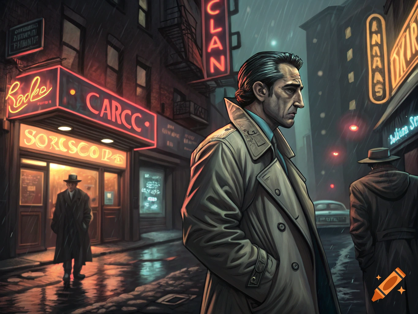 Man in trench coat on rainy city street at night with neon signs.