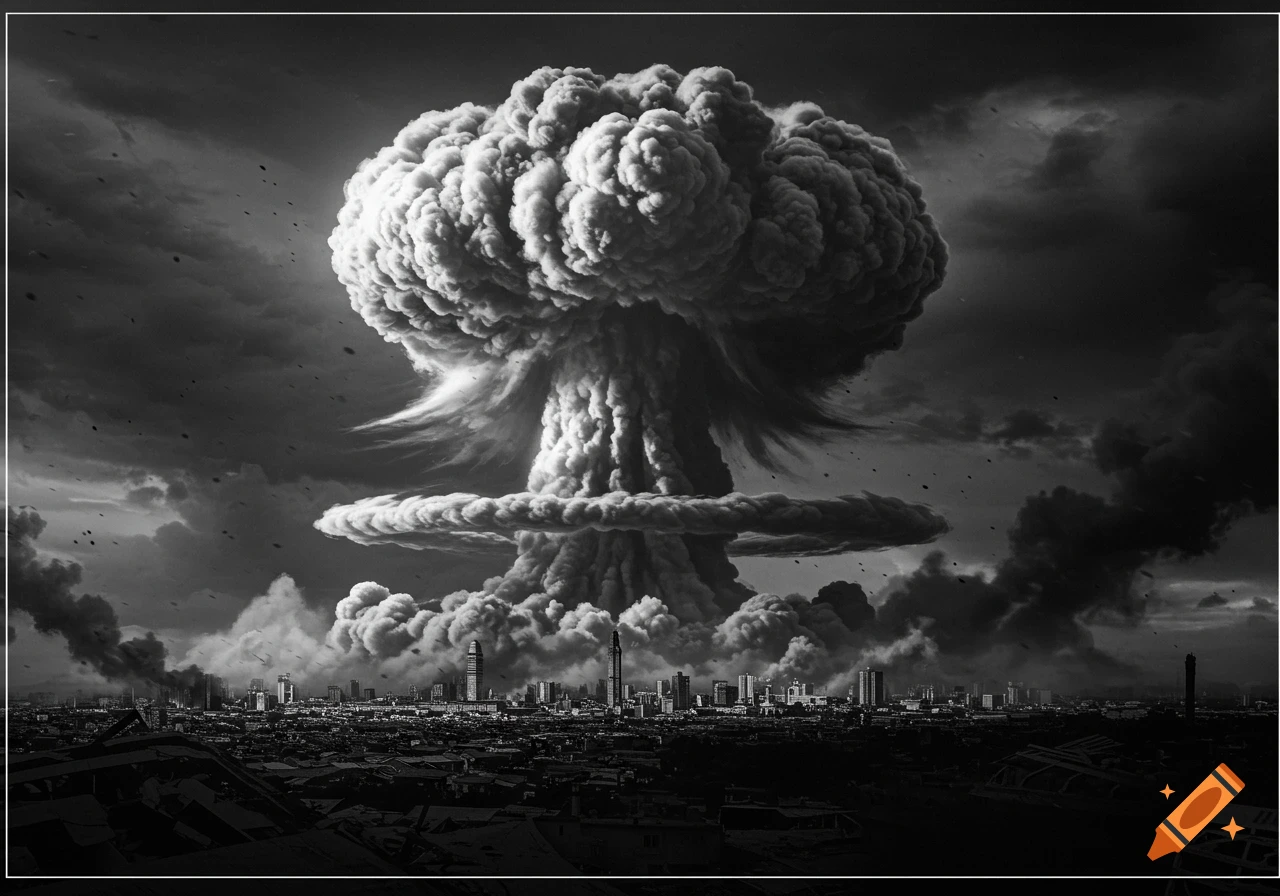 A large mushroom cloud rises over a ruined city in a black and white image.