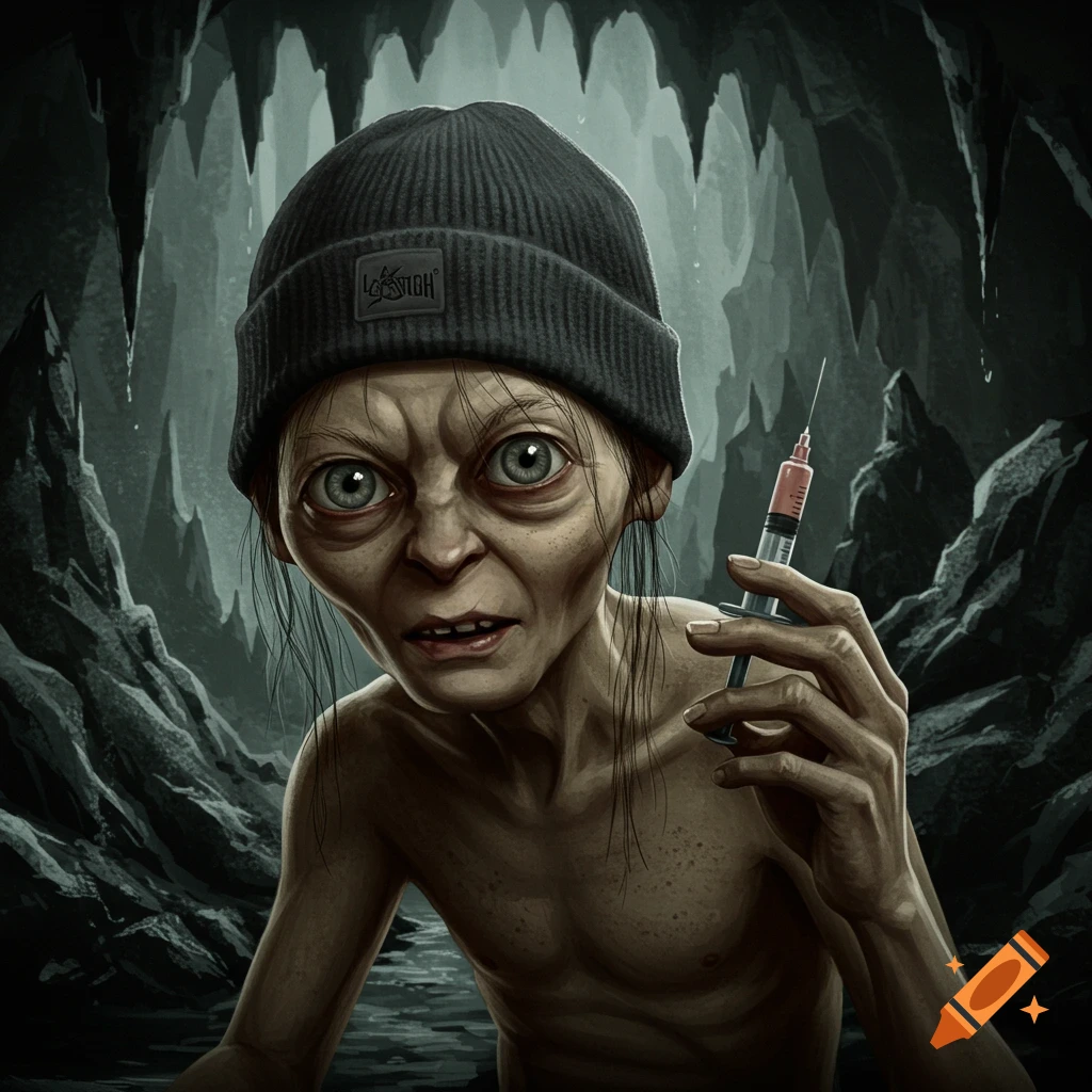 Illustration of Gollum in a beanie holding a syringe in a cave.
