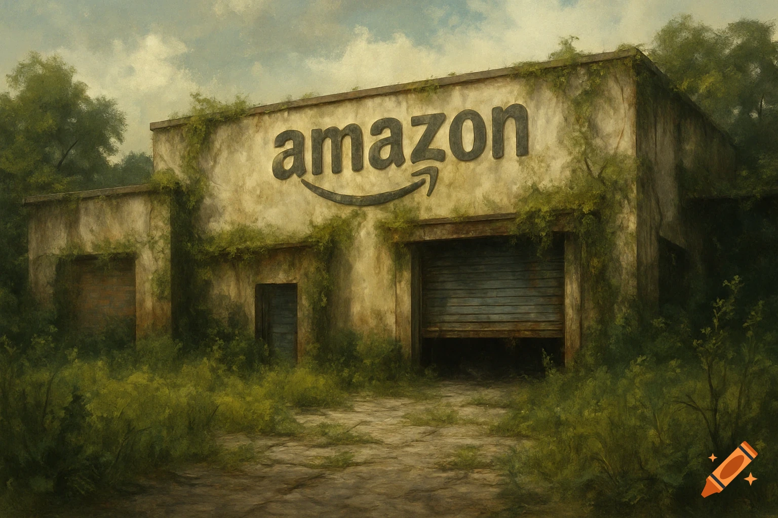 Abandoned Amazon building covered in vines and greenery in a digital painting style