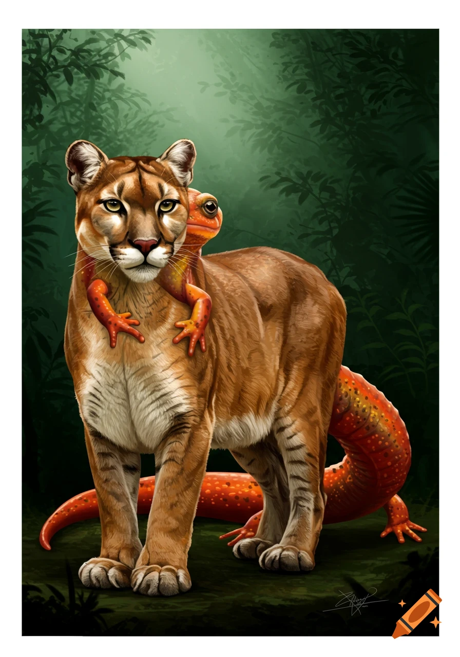 A fantasy creature, a mix of a puma and salamander, stands in a jungle.