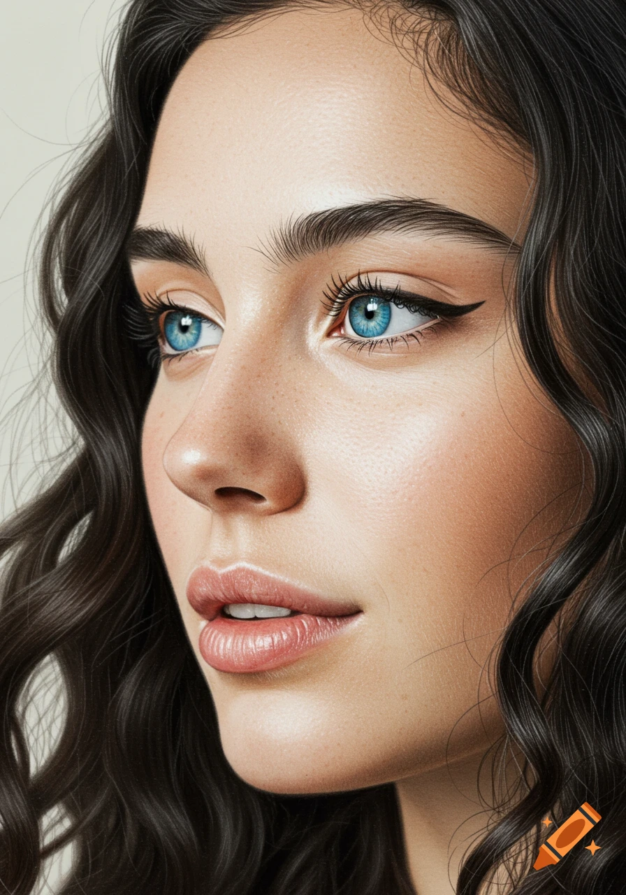 Close-up portrait of a woman with striking blue eyes and dark hair in a ...