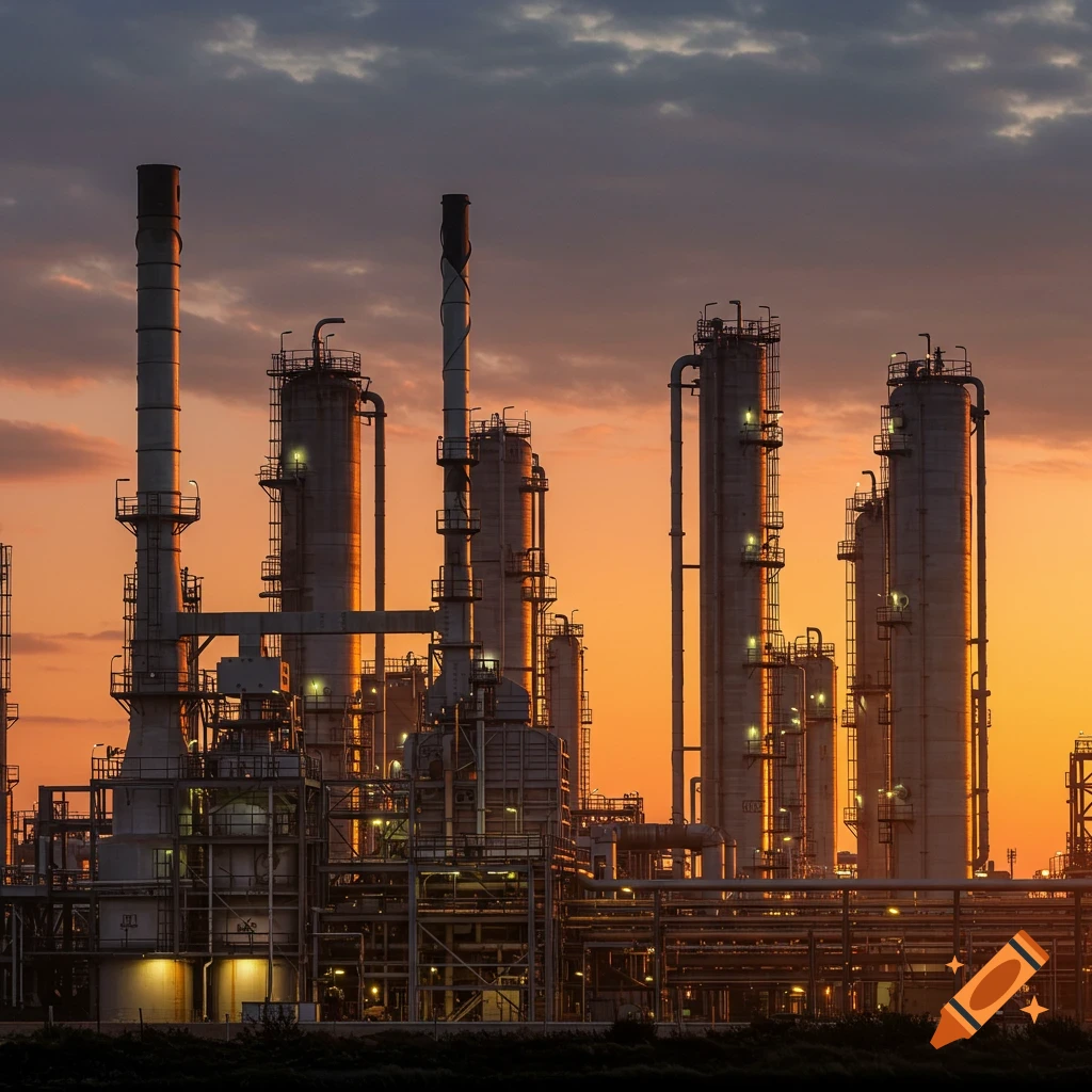 Industrial refinery against an orange sunset sky