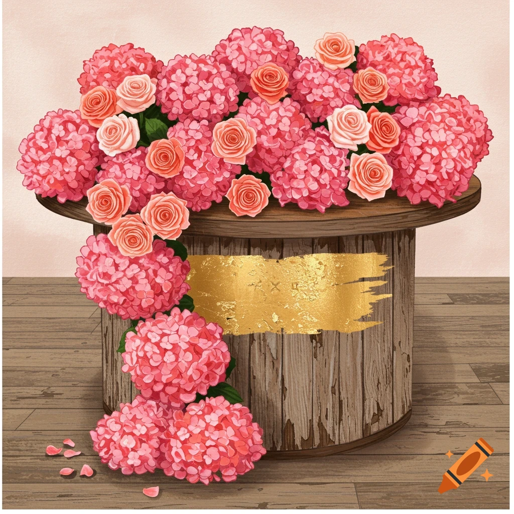 Illustrative floral centerpiece with pink hydrangeas and peach roses on a wooden spool