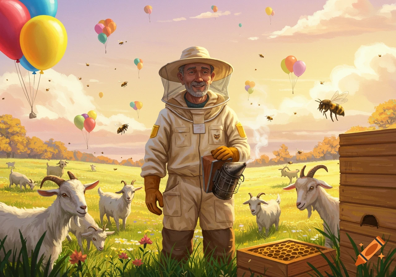 A beekeeper stands in a field with goats, bees, and colorful balloons floating in the sky.