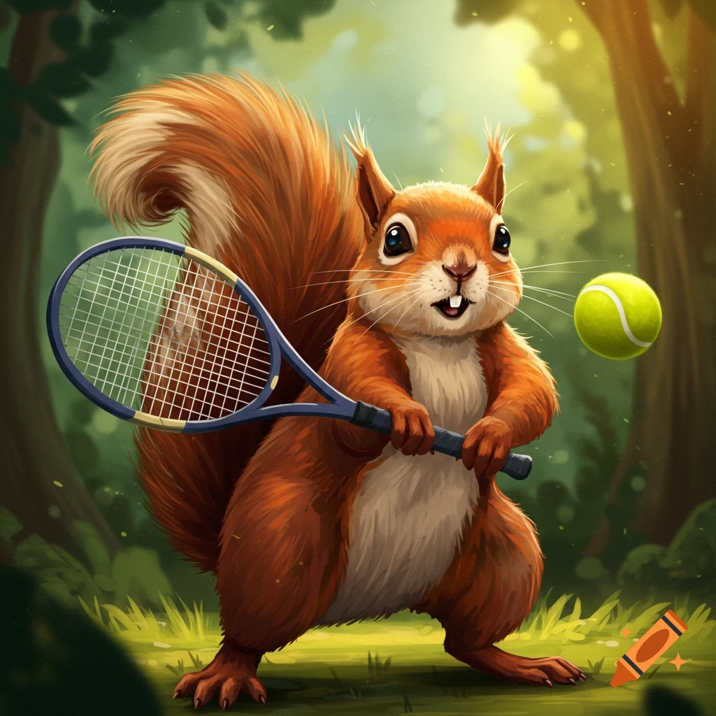 Cartoon squirrel holding a tennis racket in a forest