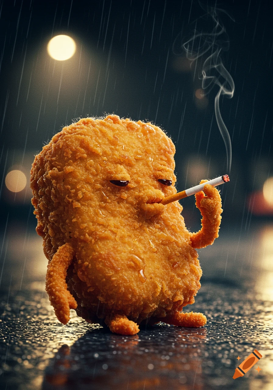 A chicken nugget character smokes a cigarette in the rain on a wet street. Photorealistic.