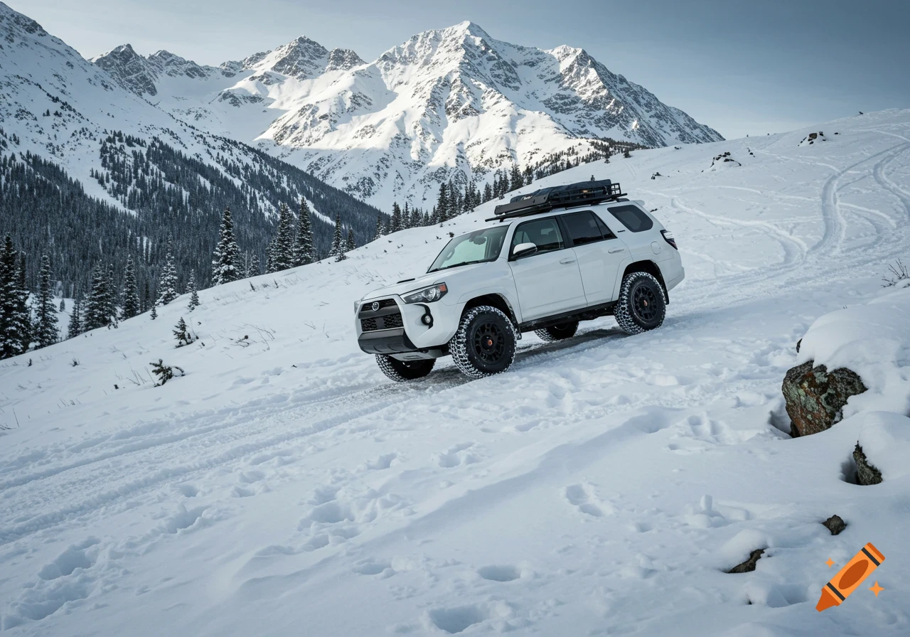 White Toyota 4Runner driving up a snowy mountain slope.
