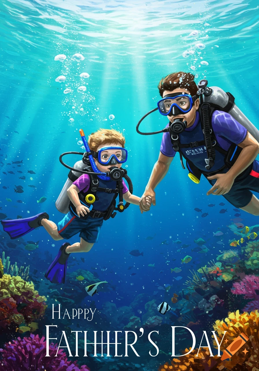 An illustration of a father and son scuba diving underwater among coral and fish, with the text "Happy Father's Day".